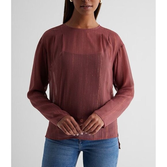 Express Tops - Express Womens Metallic Sheer Gathered Shoulder Long Sleeve Top Size XS NWT $54